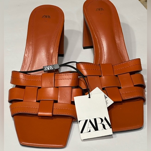 ZARA Women's Square Toe Heeled Slip Sandals in Brown US Size 10 Run Small, New - Picture 9 of 10